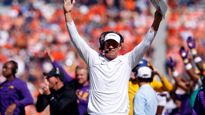 LSU coach Lane Kiffin reacts to a play during the first half of his team's 38-17 rout of...