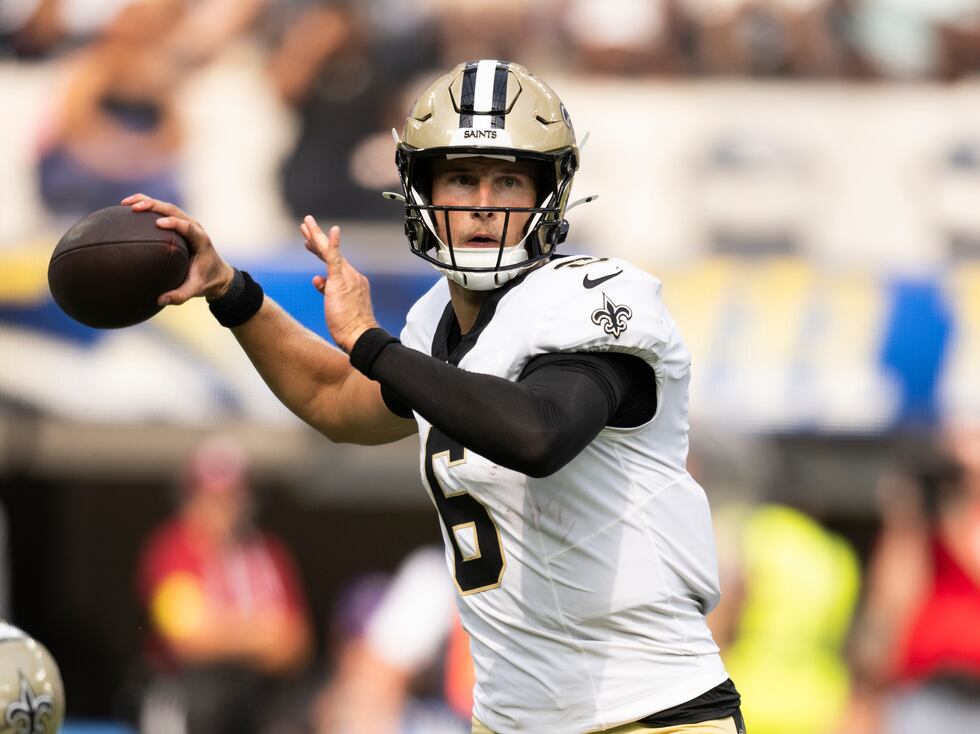 New Orleans Saints quarterback Tyler Shough (6) throws a pass during an NFL preseason football...