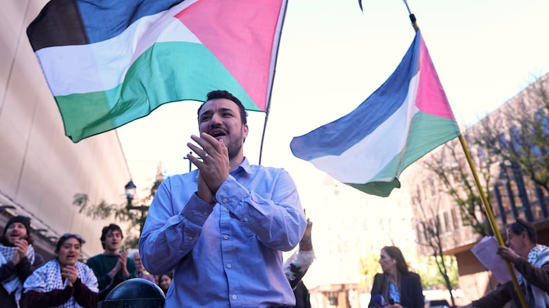 Palestinian activist Mahmoud Khalil meets with supporters outside Federal Court on Tuesday,...
