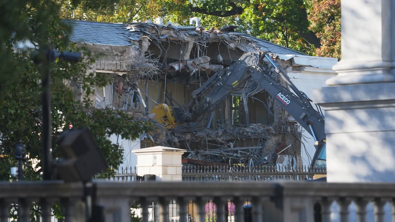 Work begins on the demolition of a part of the East Wing of the White House, Monday, Oct. 20,...