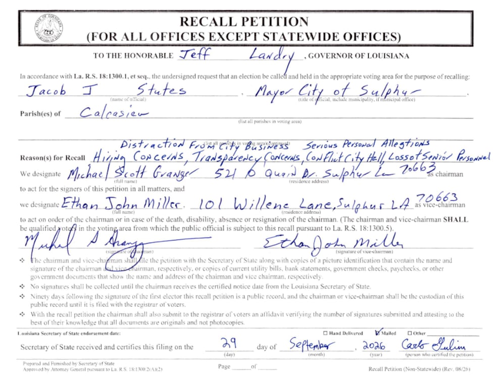 Jacob Rosenblatt Signature Petition circulating to recall embattled Sulphur Mayor Jacob Stutes