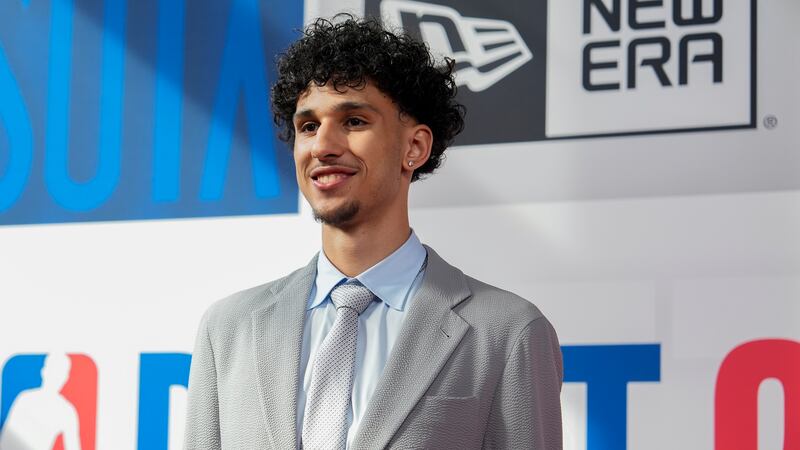 Zaccharie Risacher walks the red carpet before the NBA basketball draft, Wednesday, June 26,...