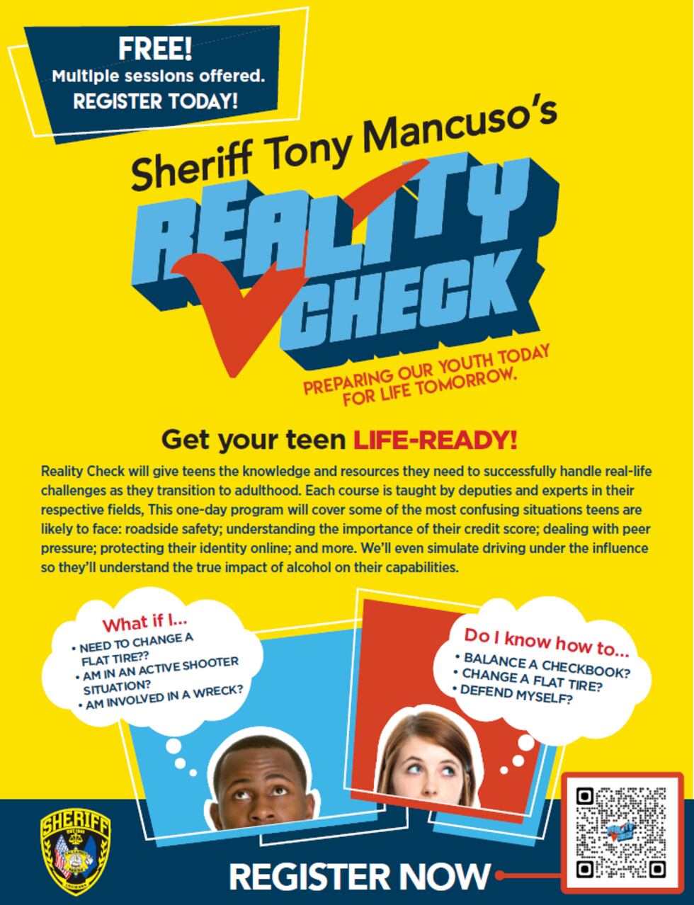 Reality Check Program Registration open for Sheriff Mancuso’s ‘Reality Check’ course for teens