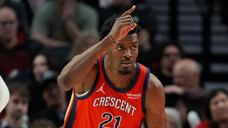 New Orleans Pelicans center Yves Missi (21) reacts after making a basket as Portland Trail...
