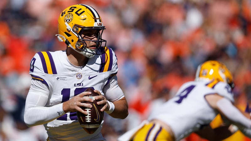 LSU quarterback Sam Leavitt looks to pass Saturday (Oct. 24) during the Tigers' 38-17 victory...