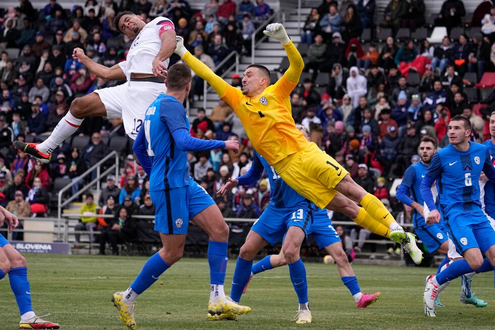 Slovenia goalkeeper Igor Vekic (1) and Klemen Mihelak defend a cross as United States' Miles...