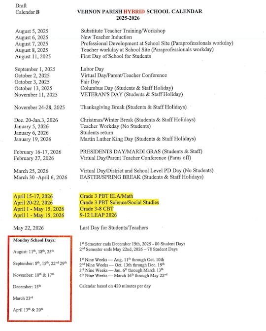 Vernon Parish School Board approves 4day hybrid calendar for 20252026