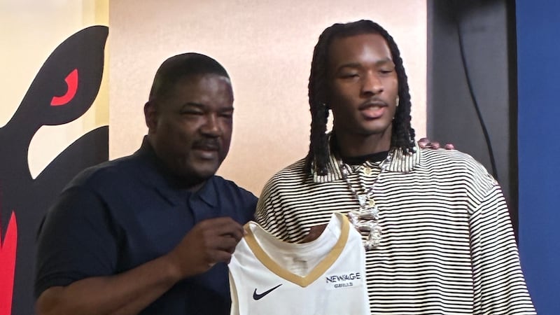 New Orleans Pelicans draft pick and New Orleans native Jaron Pierre Jr introduced by his...